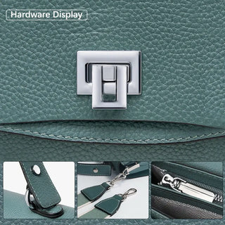 Crossbody bag hardware display in teal with silver accents, showcasing stylish lock and durable materials.