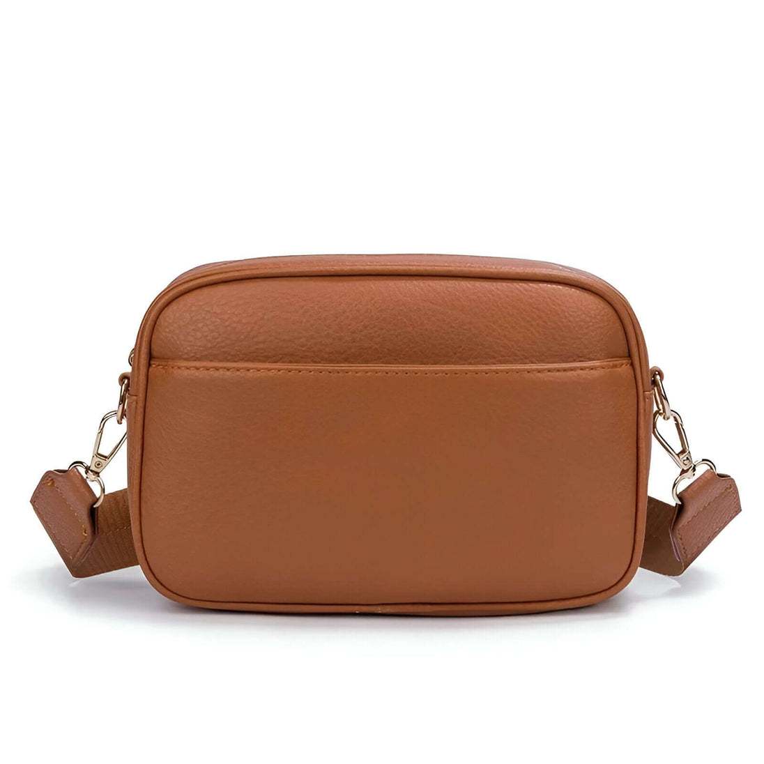 Crossbody bag with wide adjustable strap made of high-quality PU leather in a tan color.