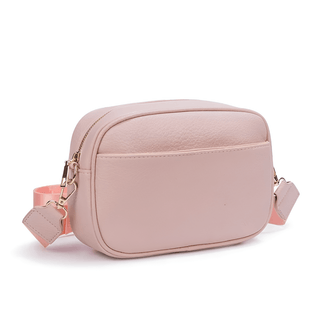 Crossbody bag with wide adjustable strap in soft pink PU leather for modern style and convenience.