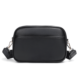 Crossbody bag with wide adjustable strap in sleek black PU leather, perfect for modern style and everyday use.