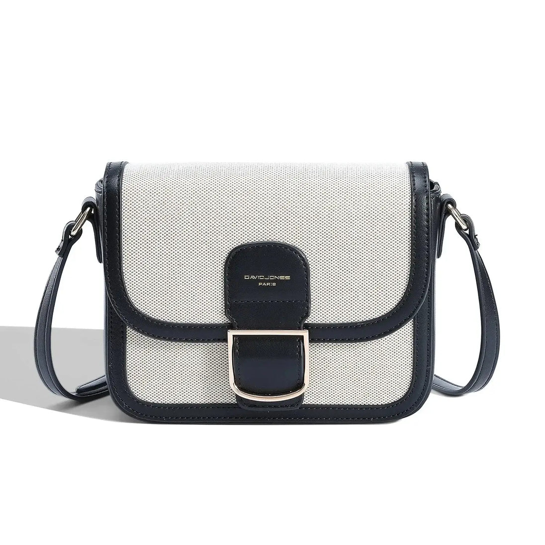 Women's fashion square canvas and faux leather crossbody shoulder bag in gray and black.