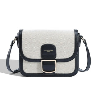 Women's fashion square canvas and faux leather crossbody shoulder bag in gray and black.