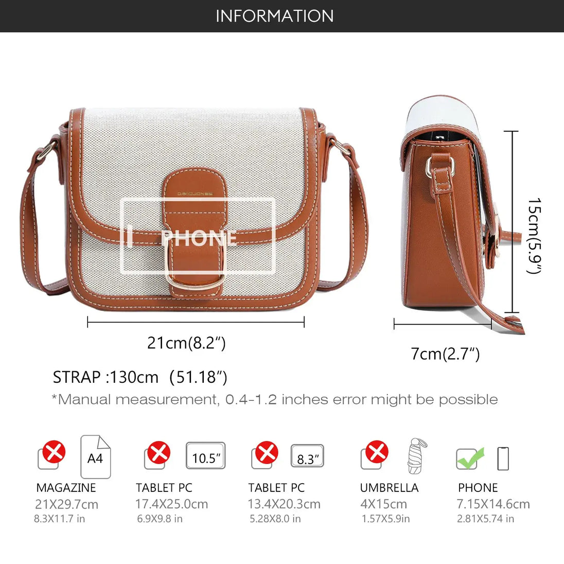 Women's canvas and faux leather crossbody shoulder bag, square shape, versatile style, solid pattern, brown and beige.