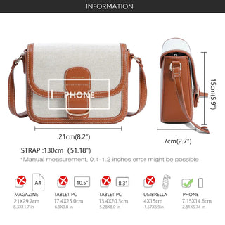 Women's canvas and faux leather crossbody shoulder bag, square shape, versatile style, solid pattern, brown and beige.