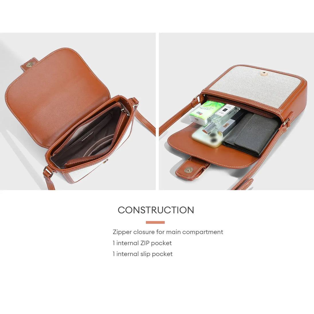 Women's brown crossbody shoulder bag featuring zipper closure, internal zip pocket, and slip pocket.