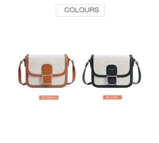 Women's crossbody shoulder bag in cognac and black canvas with faux leather accents.