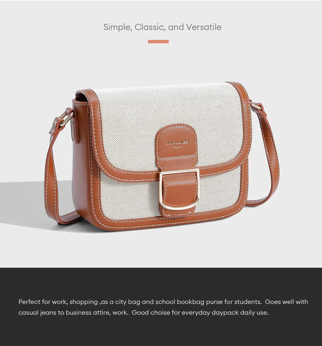 Women's square crossbody shoulder bag in beige canvas and faux leather, versatile for work and casual outings.