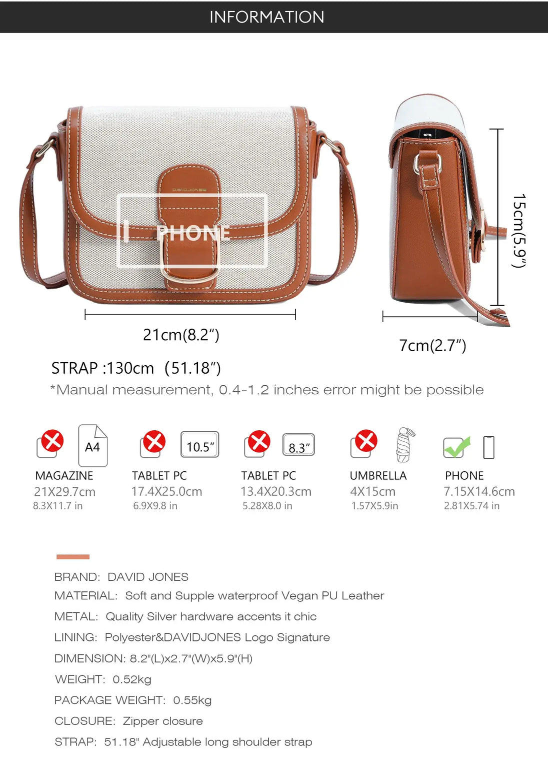 Women's square crossbody shoulder bag in canvas and faux leather, versatile design with zipper closure and adjustable strap.