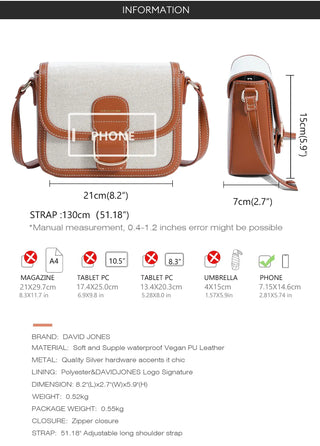 Women's square crossbody shoulder bag in canvas and faux leather, versatile design with zipper closure and adjustable strap.