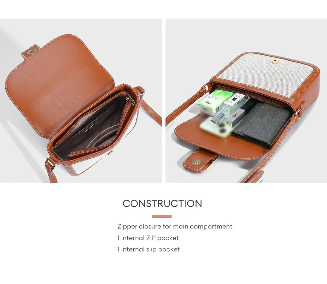 Women's brown crossbody shoulder bag, canvas and faux leather, featuring internal zip and slip pockets.