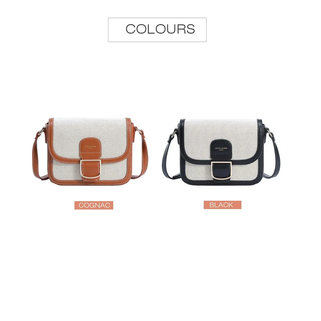 Women's shoulder bag in cognac and black, canvas and faux leather, versatile and stylish.