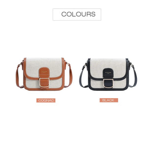 Women's shoulder bag in cognac and black, canvas and faux leather, versatile and stylish.
