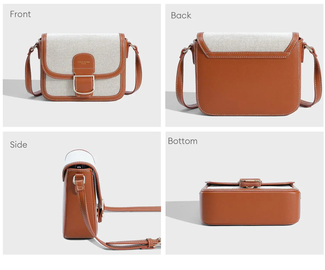 Women's solid brown canvas and faux leather crossbody shoulder bag, featuring multiple views: front, back, side, and bottom.