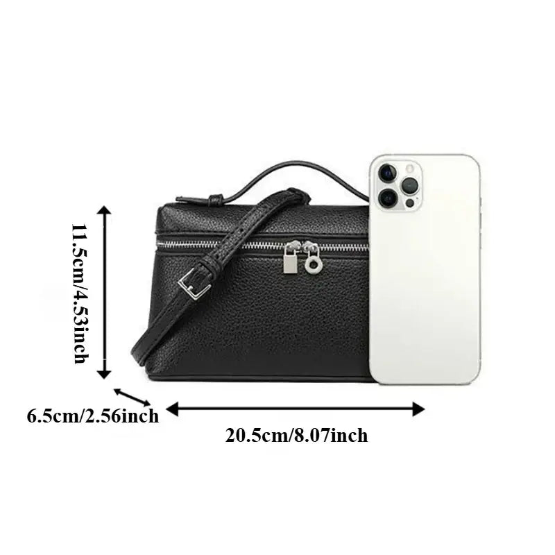 Women’s black PU leather mini crossbody bag with secure zipper and dimensions, perfect for casual daily use.