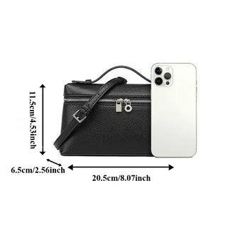 Women’s black PU leather mini crossbody bag with secure zipper and dimensions, perfect for casual daily use.