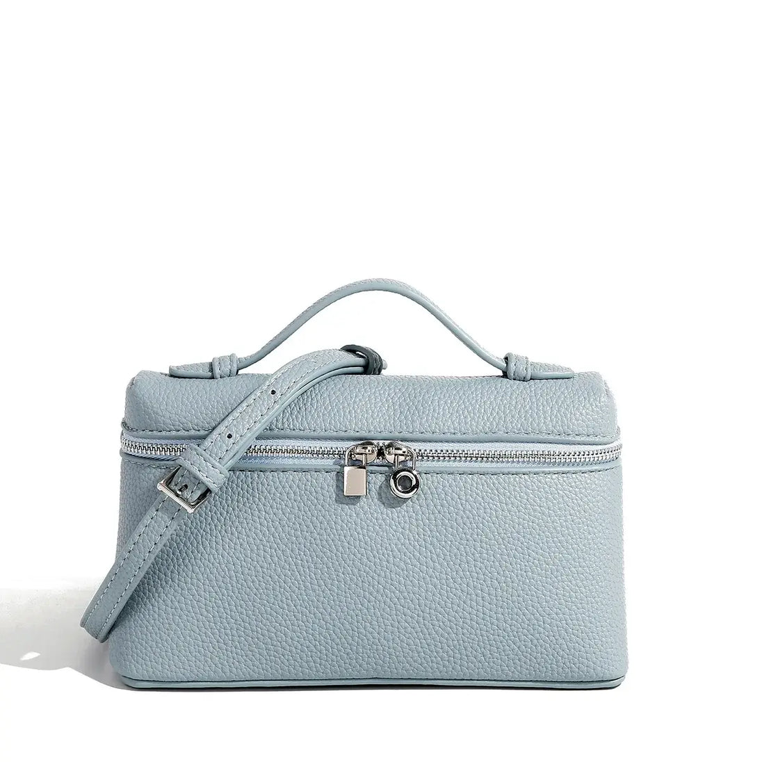 Women’s Crossbody bag, sky blue PU leather mini satchel with zipper closure and adjustable strap.