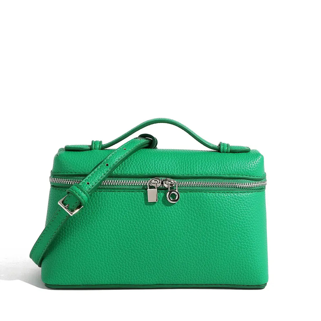 Green PU leather crossbody bag, featuring a zippered closure and convenient handle for casual everyday use.