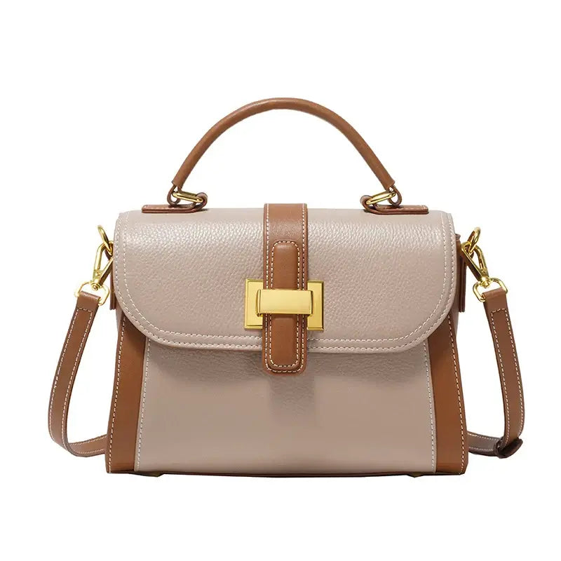 Women’s khaki genuine leather messenger bag with flap, gold accents, and zipper closure for casual elegance.