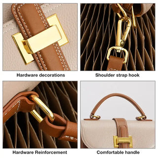 Women’s genuine leather messenger bag hardware features, strap hook, and comfortable handle details.