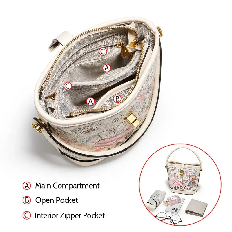 Trendy women’s graffiti print bucket bag interior compartments with multiple pockets for organized storage.