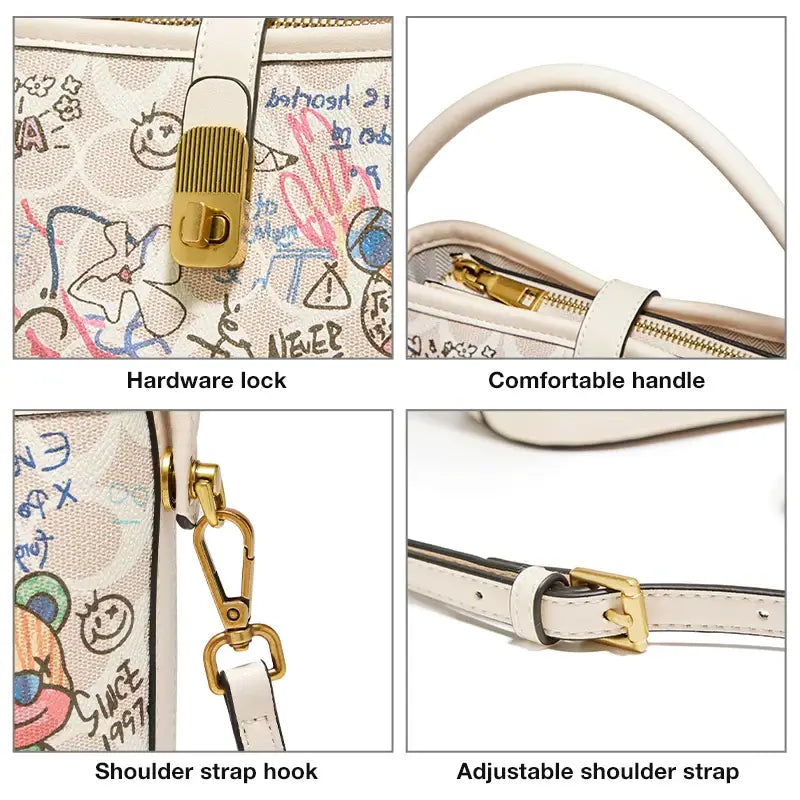 Trendy women's graffiti print bucket bag showing hardware lock, comfortable handle, and adjustable shoulder strap.
