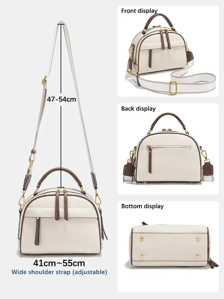 Structured white leather shoulder bag with adjustable strap, showcasing front, back, and bottom views.