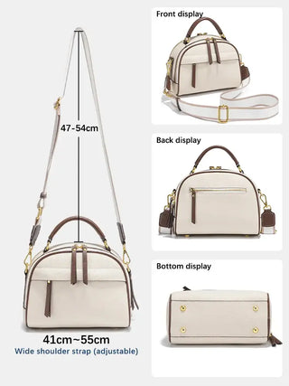 Structured white leather shoulder bag with adjustable strap, showcasing front, back, and bottom views.
