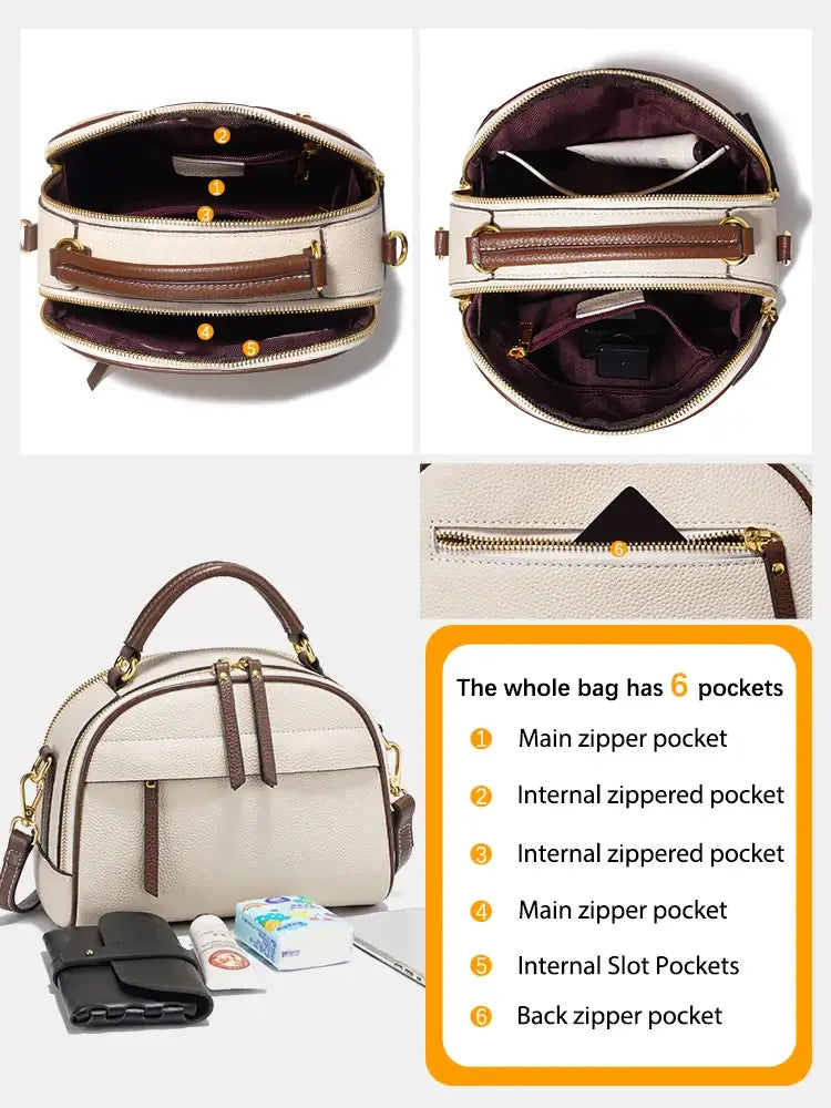 Structured beige leather shoulder bag with multiple compartments and pockets for organized storage.