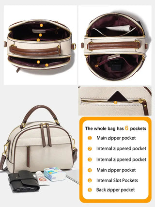 Structured beige leather shoulder bag with multiple compartments and pockets for organized storage.
