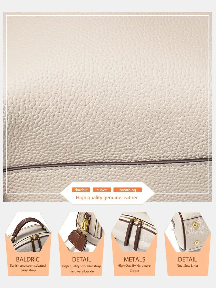 Structured chic shoulder bag in beige, handcrafted from genuine leather with high-quality hardware and multiple details.