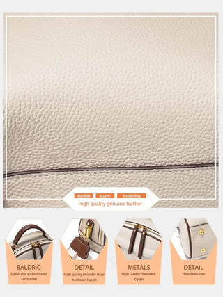 Structured chic shoulder bag in beige, handcrafted from genuine leather with high-quality hardware and multiple details.