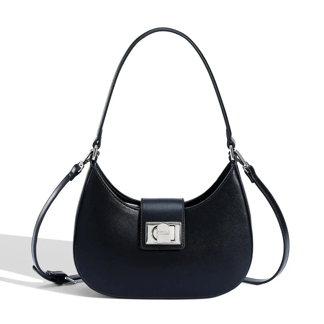 Women's shoulder bag in black faux leather with metal clasp, featuring a stylish half moon design.