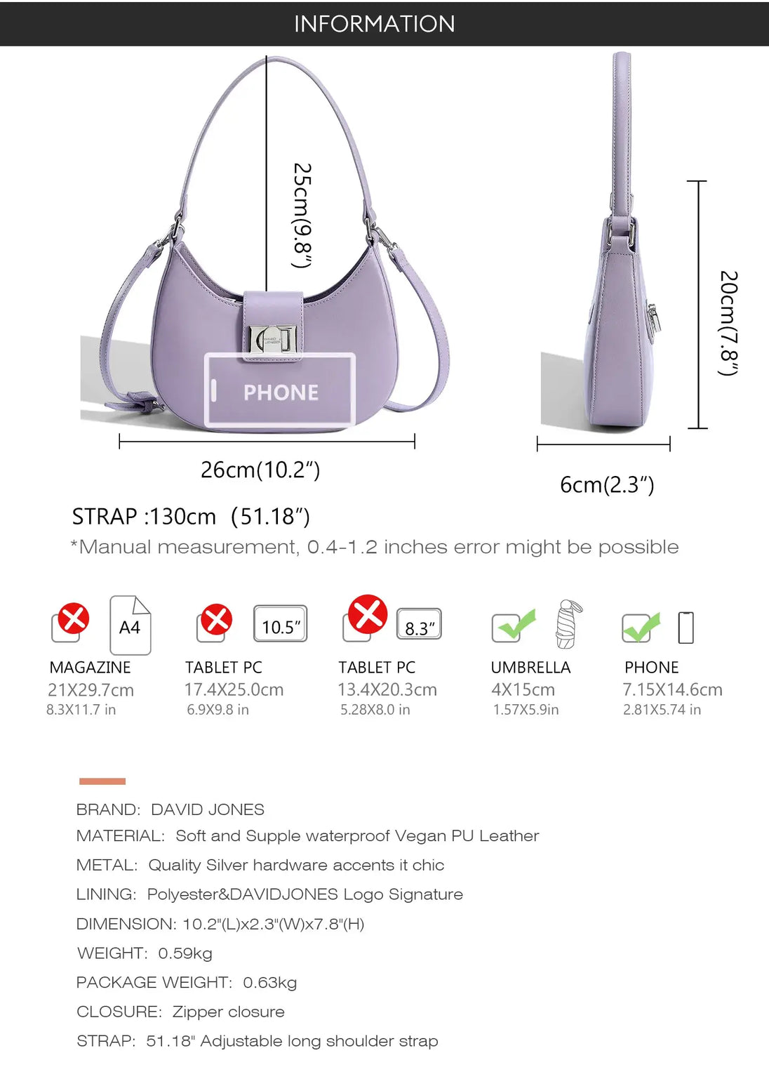 Women's Half Moon Bag in Purple Faux Leather, Soft Shoulder Bag with Zipper Closure and Phone Pocket