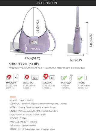 Women's Half Moon Bag in Purple Faux Leather, Soft Shoulder Bag with Zipper Closure and Phone Pocket