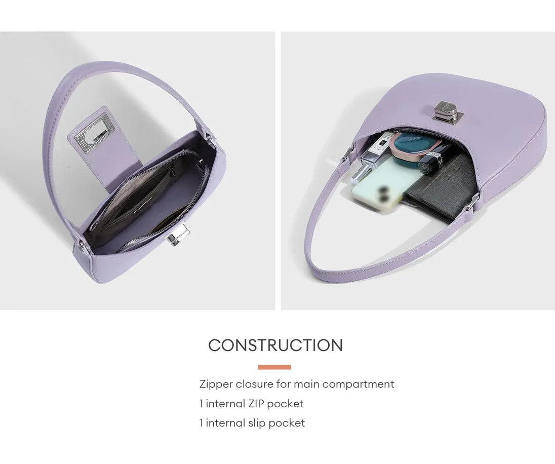 Women's half moon shoulder bag in lilac with zipper closure and internal pockets for organization.