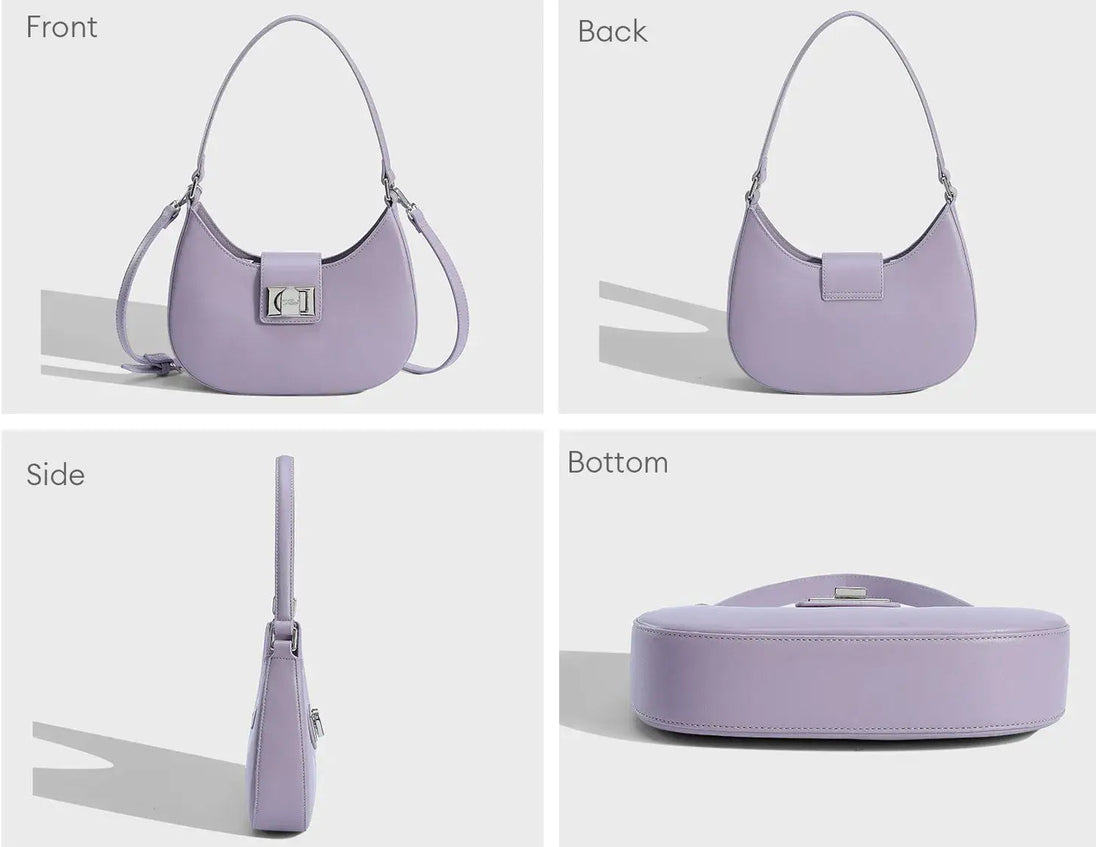 Women's shoulder bag in purple faux leather with metal clasp, featuring soft design and tassel decoration.