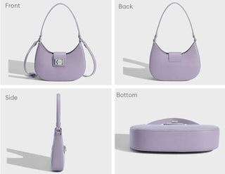 Women's shoulder bag in purple faux leather with metal clasp, featuring soft design and tassel decoration.