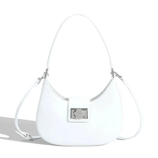 Women's shoulder bag in white faux leather with metal clasp, featuring a soft design and versatile style.