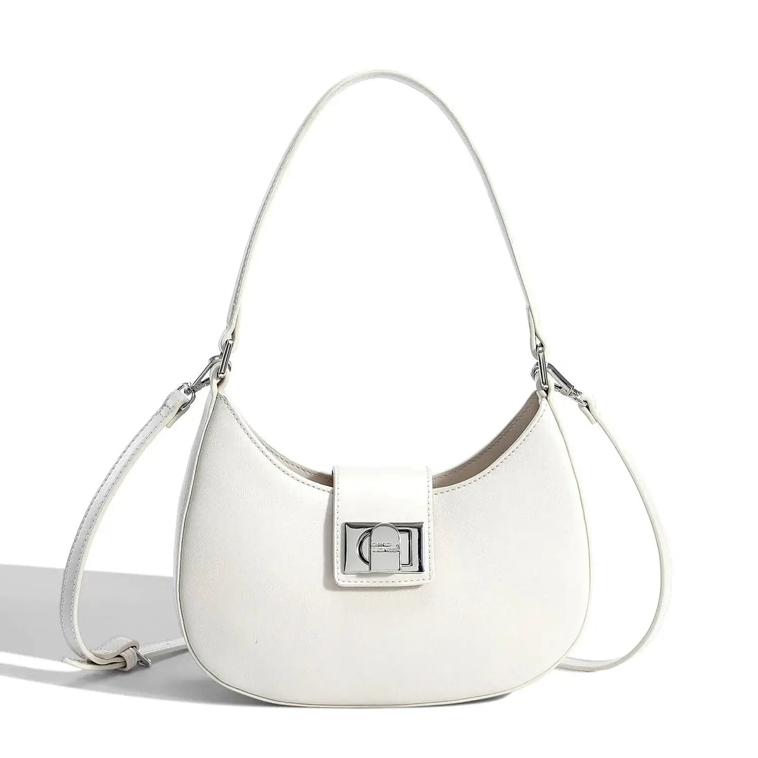 Women's shoulder bag in creamy white faux leather with metal clasp closure, stylish and versatile handbag.