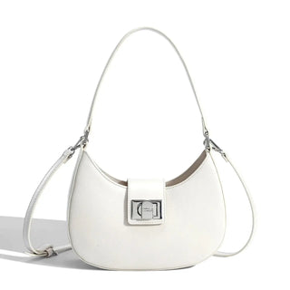 Women's shoulder bag in creamy white faux leather with metal clasp closure, stylish and versatile handbag.