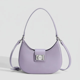 Women's Half Moon Bag, purple faux leather shoulder bag with metal clasp, stylish and versatile.
