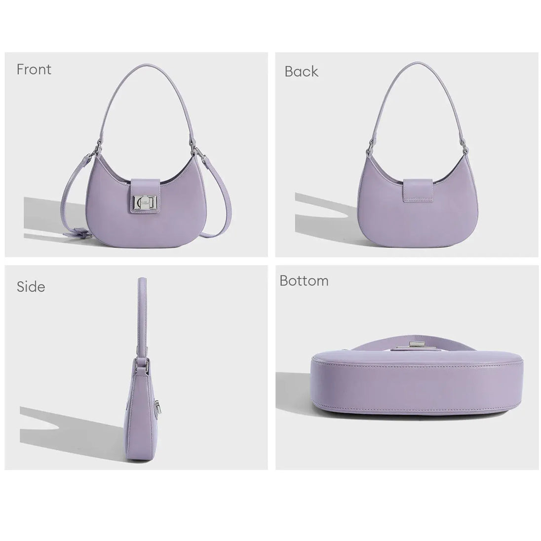 Women's Purple Faux Leather Half Moon Bag with Metal Clasp - Front, Back, Side, and Bottom View