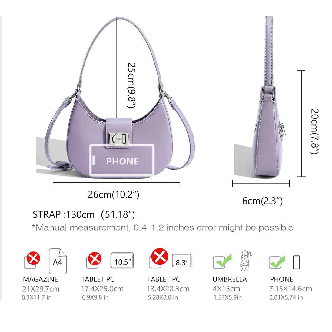 Women's Half Moon Bag in Purple Faux Leather with Metal Clasp, Stylish Shoulder Bag Dimensions