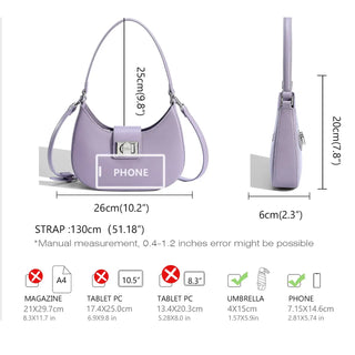 Women's Half Moon Bag in Purple Faux Leather with Metal Clasp, Stylish Shoulder Bag Dimensions