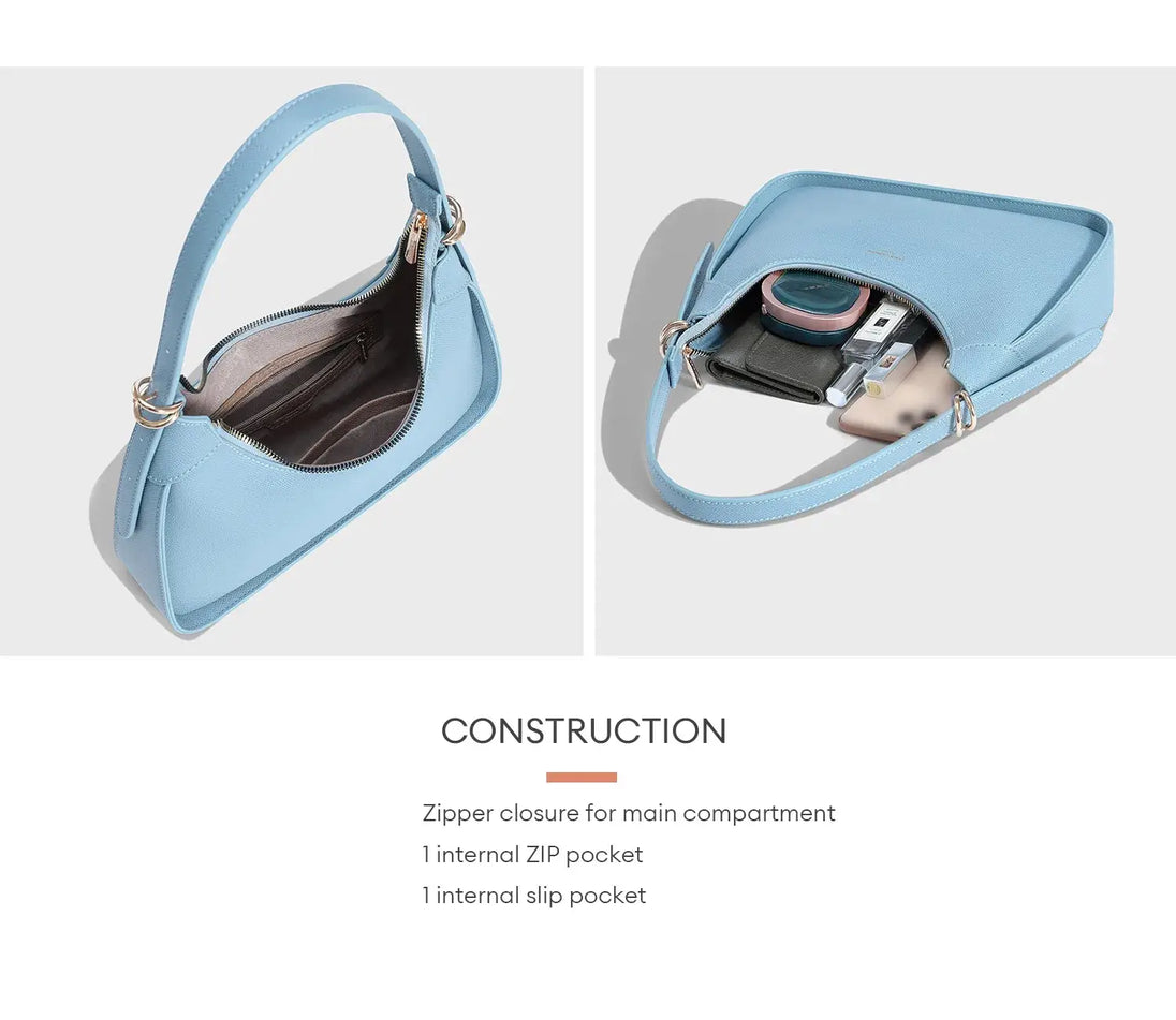 Women’s Shoulder Bag, Light Blue Faux Leather, Zipper Closure, Two Handles, Internal Pockets