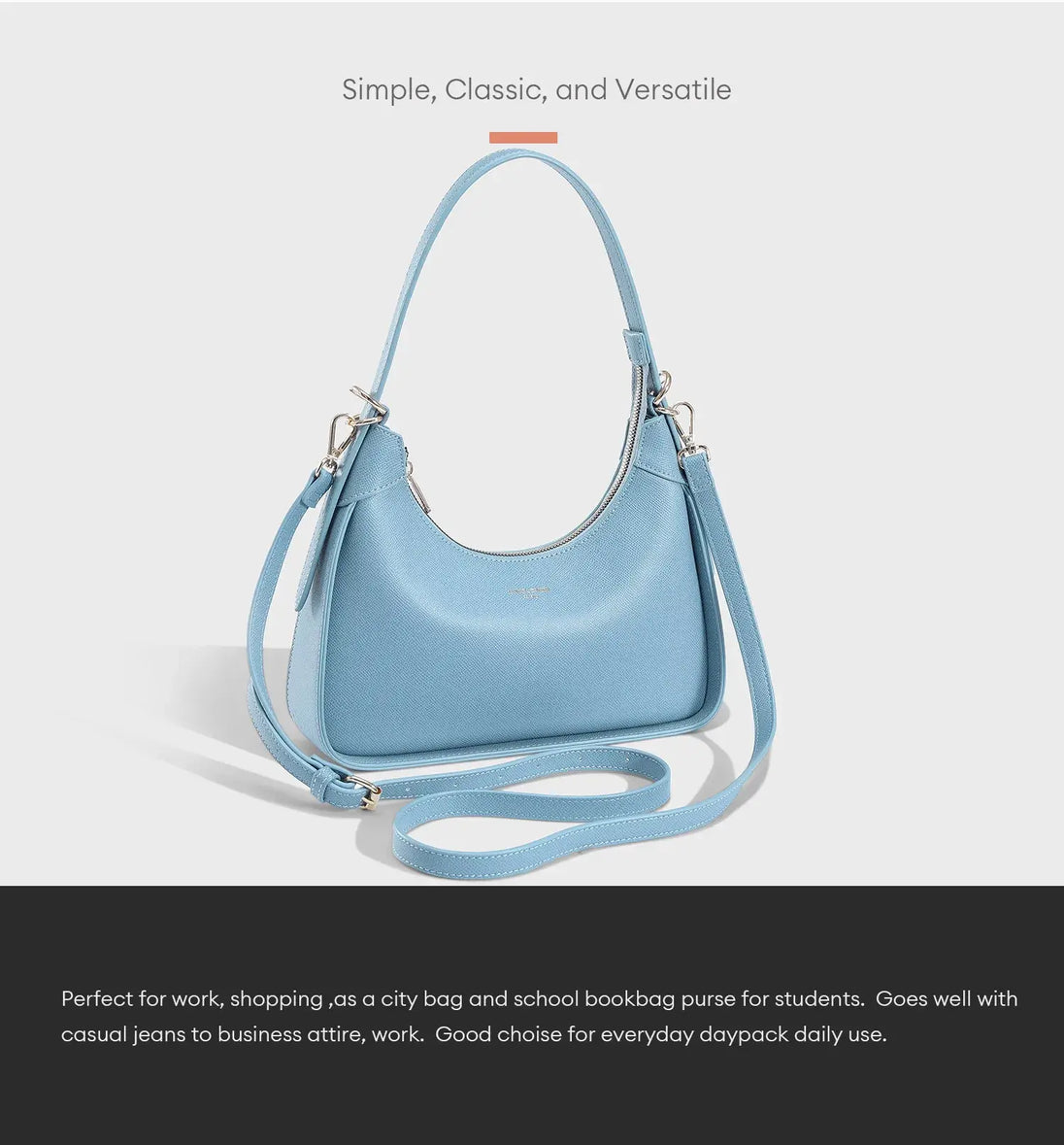 Women’s light blue half moon shoulder bag in faux leather, perfect for versatile daily use and casual outfits.