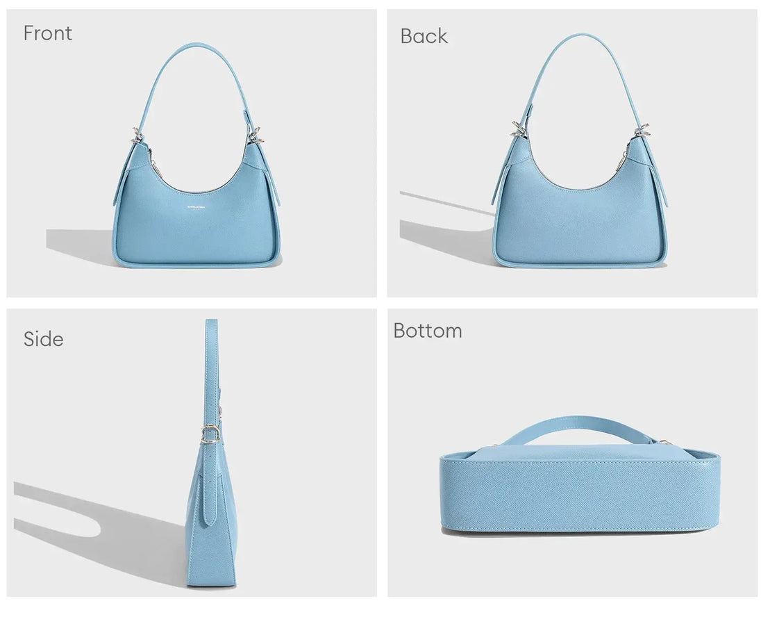 Light Blue Shoulder Bag, Women's Half Moon Design, Zipper Closure, Soft PU Material, Stylish Hobos for Versatile Use.