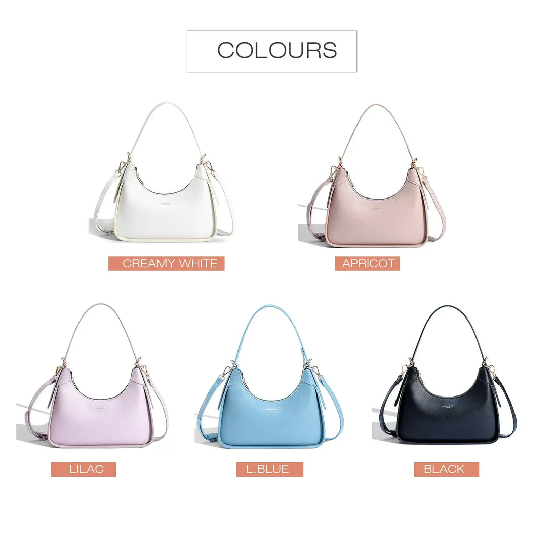 Women's Half Moon Shoulder Bag in Light Blue Faux Leather, versatile fashion handbag, shown in various colors.