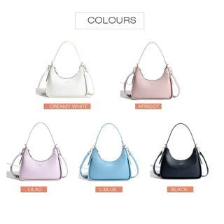 Women's Half Moon Shoulder Bag in Light Blue Faux Leather, versatile fashion handbag, shown in various colors.