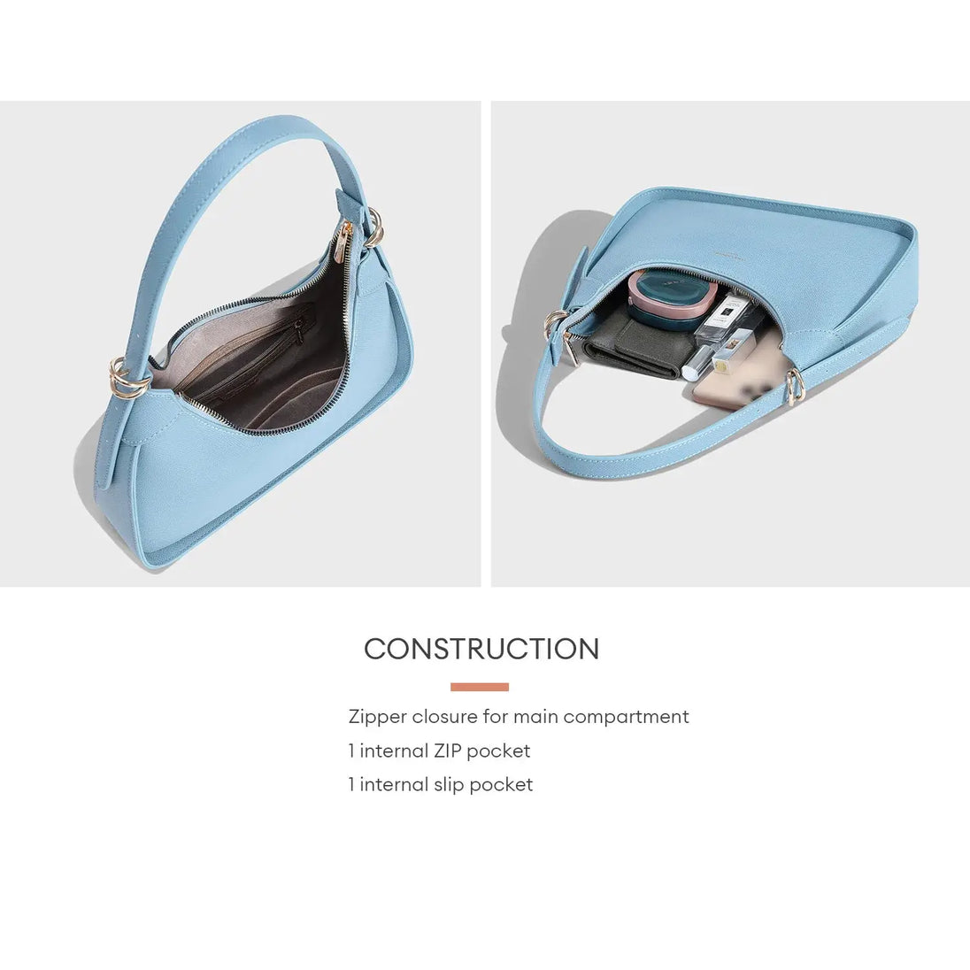 Women's Light Blue Faux Leather Half Moon Shoulder Bag showing zipper closure and internal pockets.